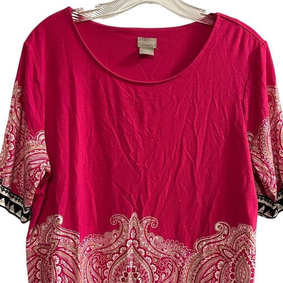 Chico's Women's Pink Damask Tunic Blouse Size 2 Short Sleeve Casual - Picture 2 of 11